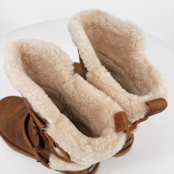 UGG | Becket Leather & Shearling Mid Calf Buckled Boots in Chestnut | Sz 9 - Picture 11 of 14